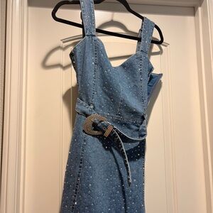 Show Me Your MuMu Blue Denim Mini Dress with Rhinestone Belt